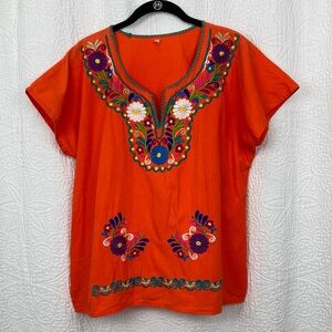 Classic Traditional Women’s Mexican Embroidered Orange Top sz Medium